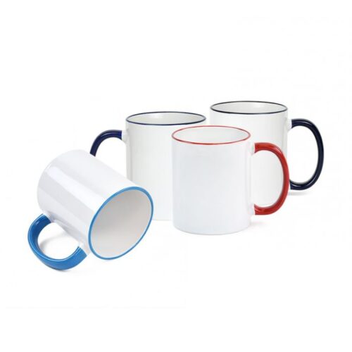 White Ceramic 11oz Coffee Mug with Colored Rim & Handle for Sublimation